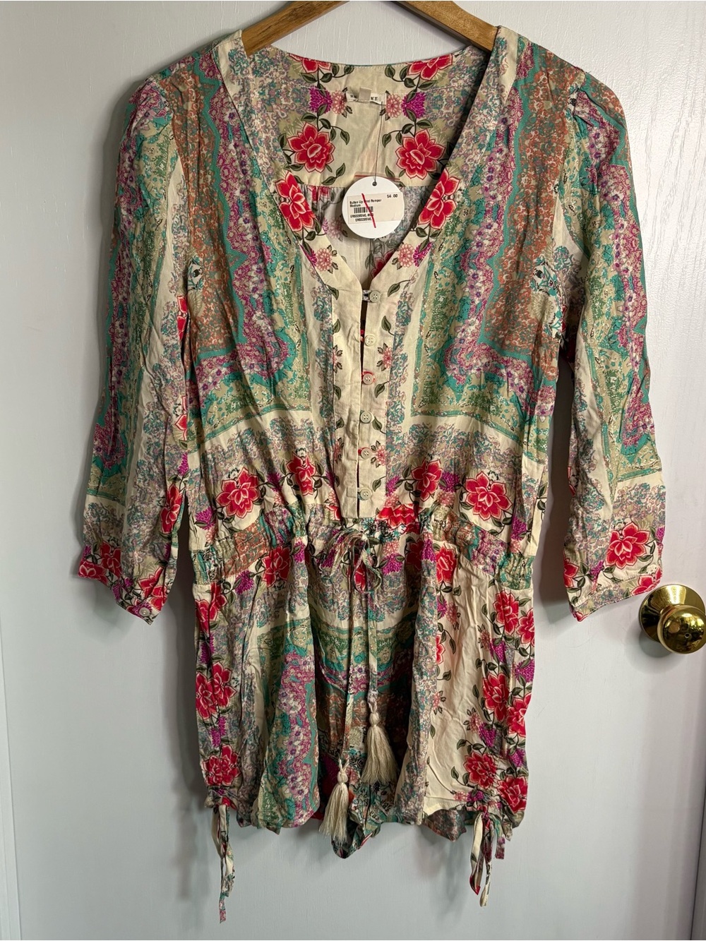 En Crème NWT Sz M Floral Colorful Romper Button Up Tassels Boho Resort Festival